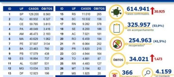 Brasil tem 614.941 casos; total de mortes chega a 34.021